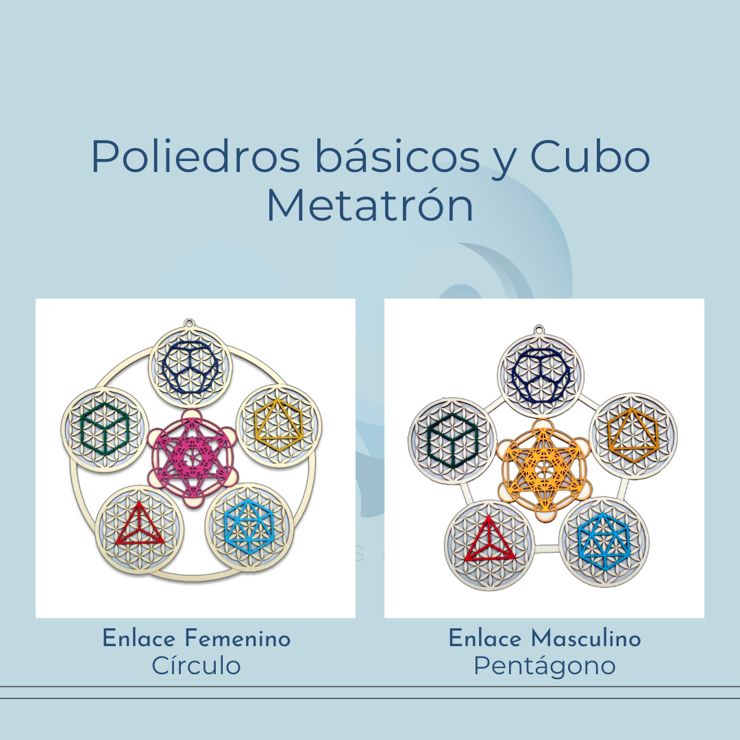 Poliedros básicos y cubo metatrón. Madera. Círculo Enlace Femenino. Pentágono Enlace Masculino