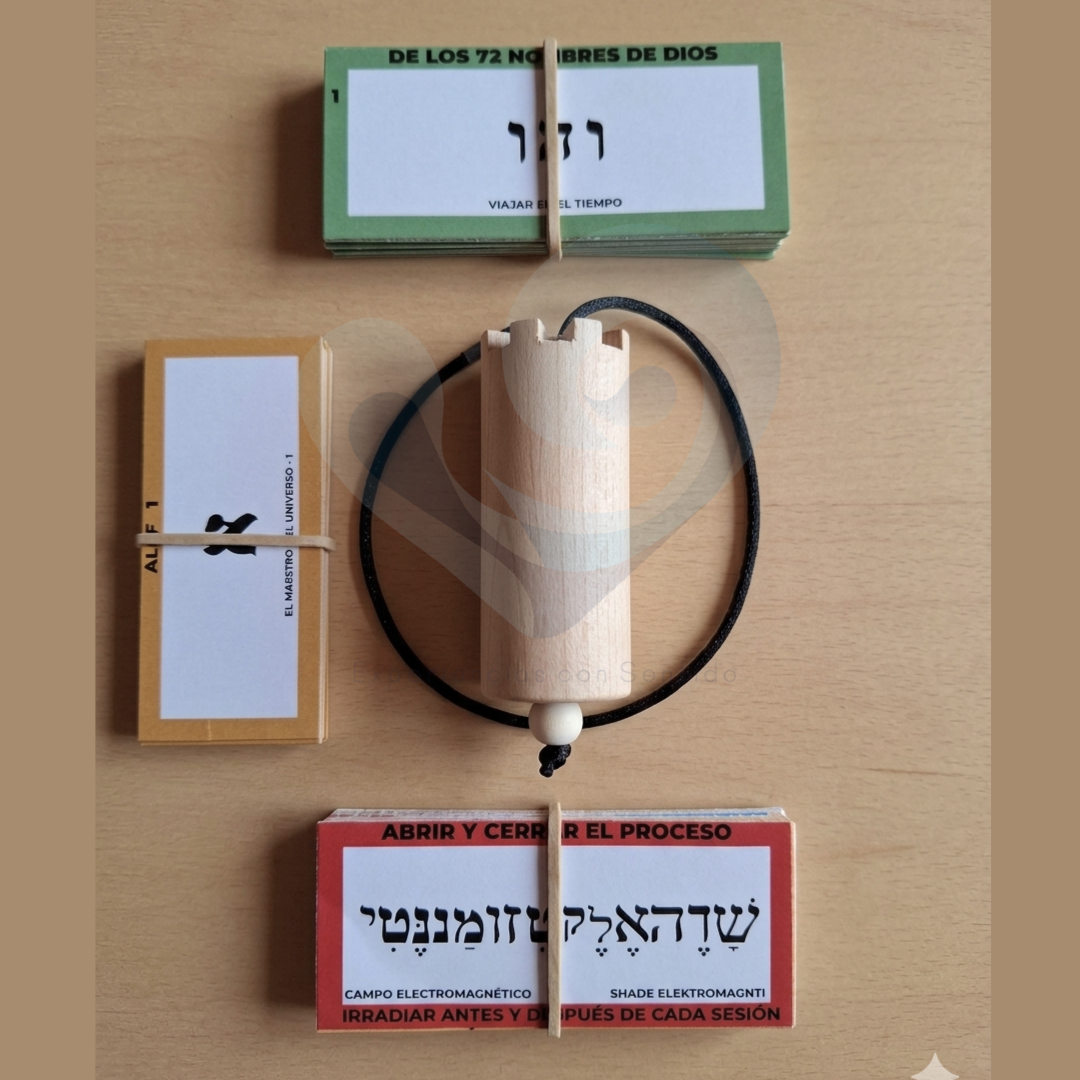 Kit Péndulo Hebreo de Madera con 140 Tarjetas - Terapia y Radiestesia